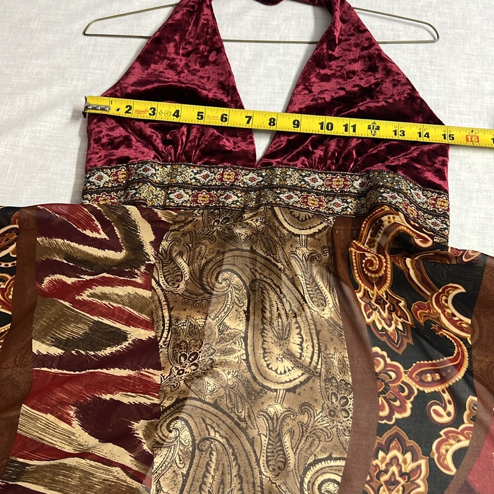 🌞 Miss Me Vintage velvet maroon halter sheer tunic open/lace-up back women S - Picture 9 of 16